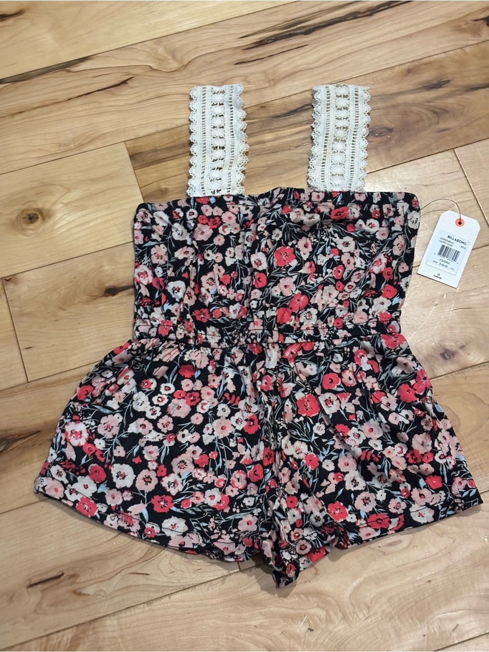 🌈Billabong Girls Black Floral Romper with Cream Lace Straps